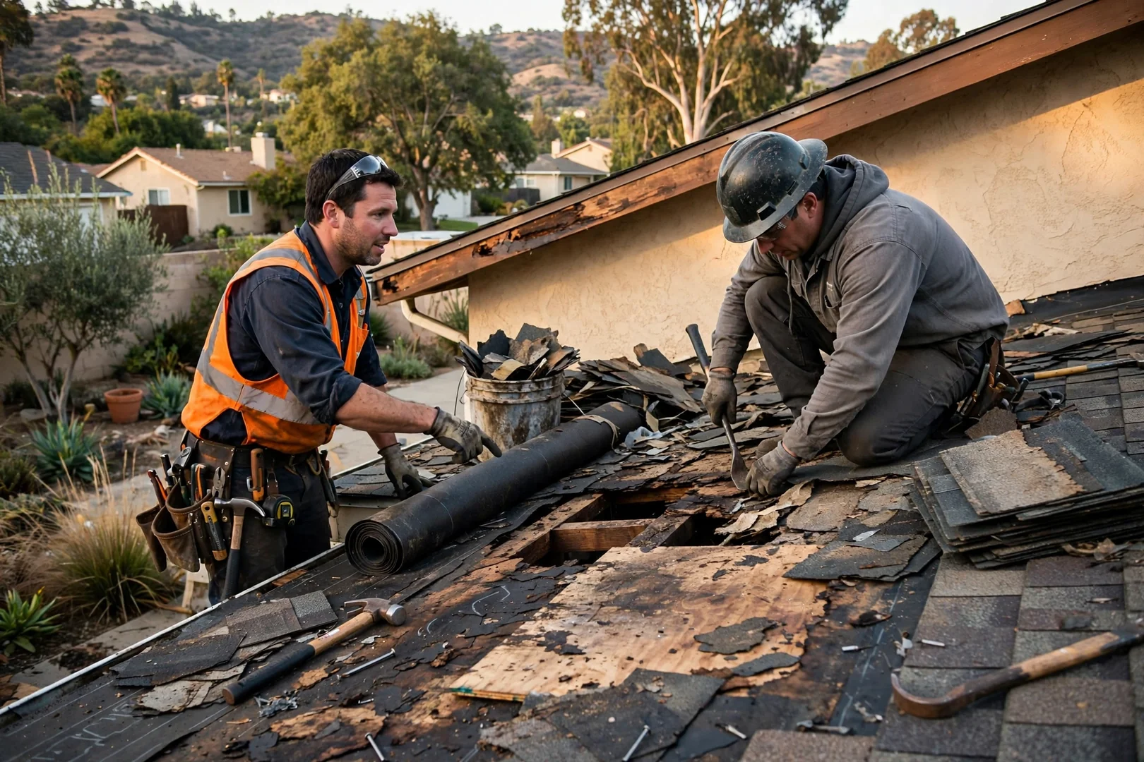 Local roofing crew installing new underlayment during a residential roof replacement in Walnut